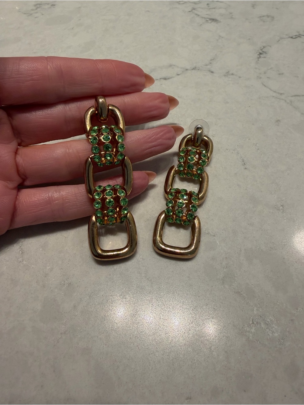 Oscar de la Renta Gold Drop Earrings with Green Crystal Links